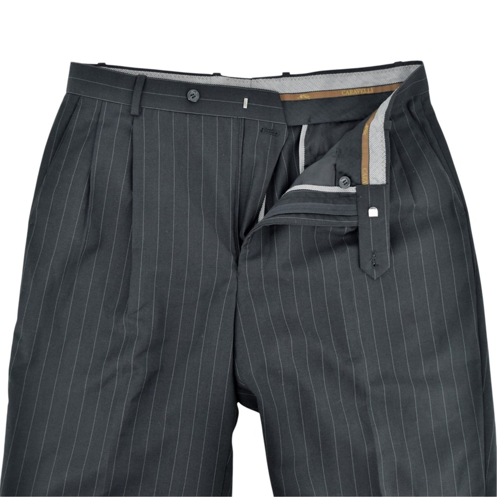 Caravelli Mens 34x31 Black Pinstripe Double Pleated Dress Pants Polyester Blend - Picture 3 of 11